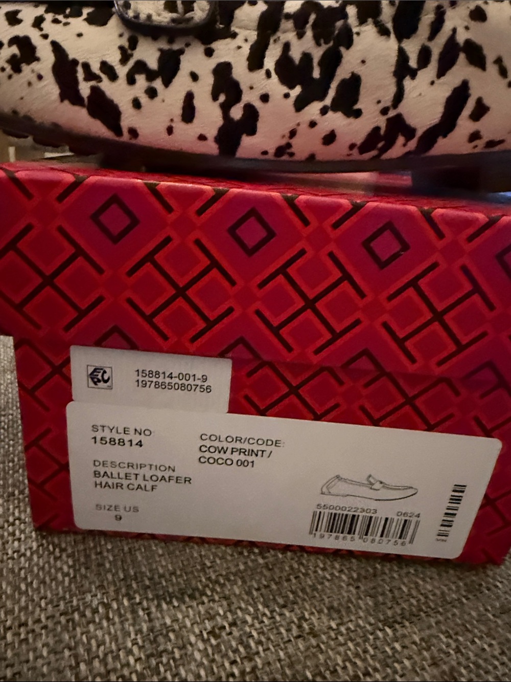 Tory Burch ballet loafer- Black and White Cow-Print hair calf  with Gold Logo - Picture 3 of 3